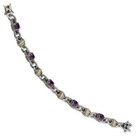 Sterling Silver with 14K Yellow Gold Amethyst Antiqued Bracelet