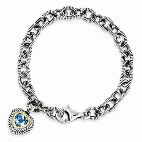 Sterling Silver with 14K Yellow Gold Swiss Blue Topaz Heart Bracelet