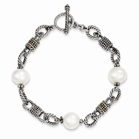 Sterling Silver with 14K Yellow Gold 9.5-10Mm Fwc Pearl Bracelet