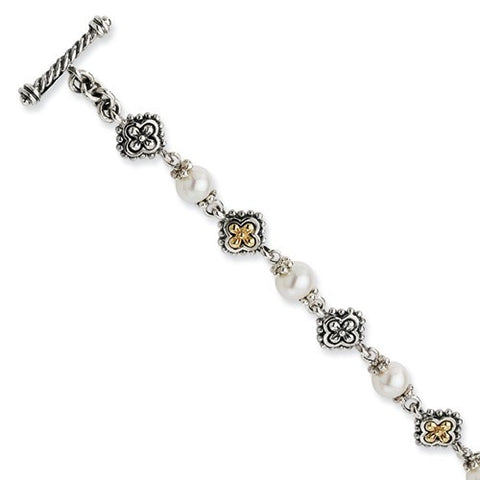 Sterling Silver with 14K Yellow Gold 6-6.5Mm Freshwater Cultured Pearl Bracelet