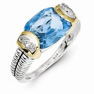 Sterling Silver w/14k Yellow Gold Swiss Blue Topaz & Diamond Ring