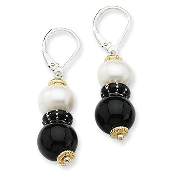 Sterling Silver w/14k Yellow Gold 9.5mm FW Cult Pearl 10.5mm Onyx Earrings