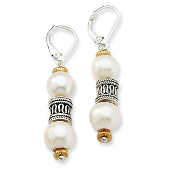 Sterling Silver w/14k Yellow Gold 8/10mm Freshwater Cultured Pearl Barrel Earrings
