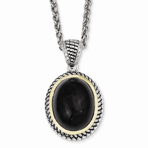 14K Yellow Gold and Silver Black Onyx & Diamond Necklace