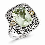 Sterling Silver w/14k Yellow Gold Diamond & Green Quartz Ring