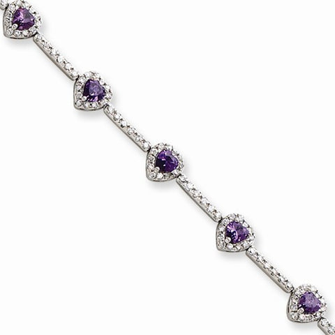 Sterling Silver Amethyst and Clear Cz Heart Bracelet