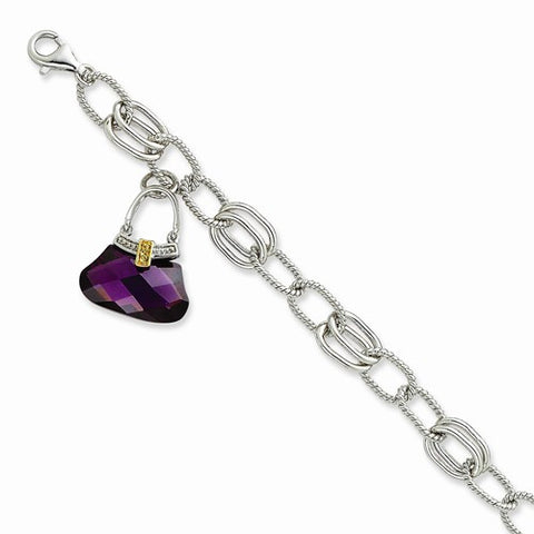 Sterling Silver Purple Cz Hand Bag Dangle Bracelet