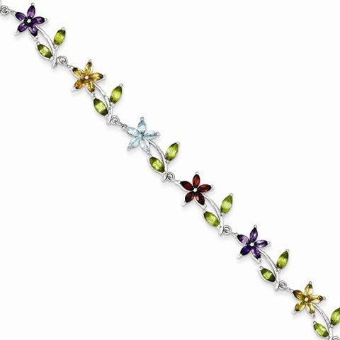 Sterling Silver Multi-Color Semi-Precious Floral Bracelet