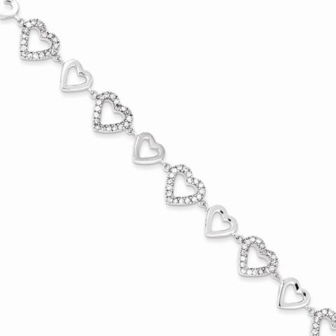 Sterling Silver Polished & Cz Hearts Bracelet