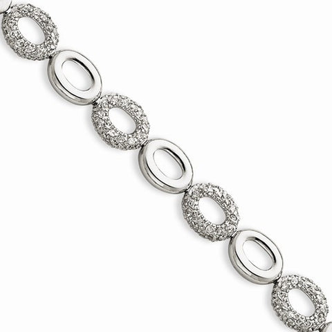 Sterling Silver Alternating Polished & Cz Ovals Bracelet