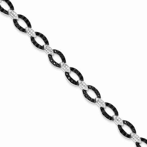 Sterling Silver Black and White Cz Circle and Bar Link Bracelet