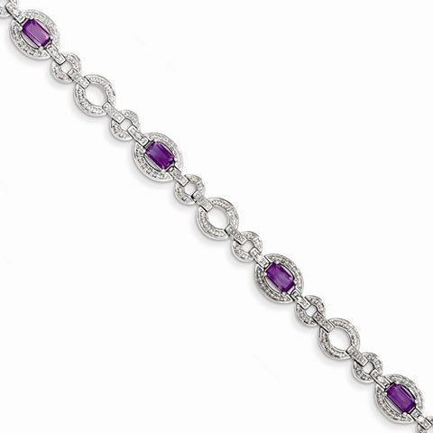 Sterling Silver Diamond & Amethyst Oval Link Bracelet