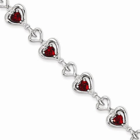Sterling Silver Diamond & Heart Link Garnet Bracelet