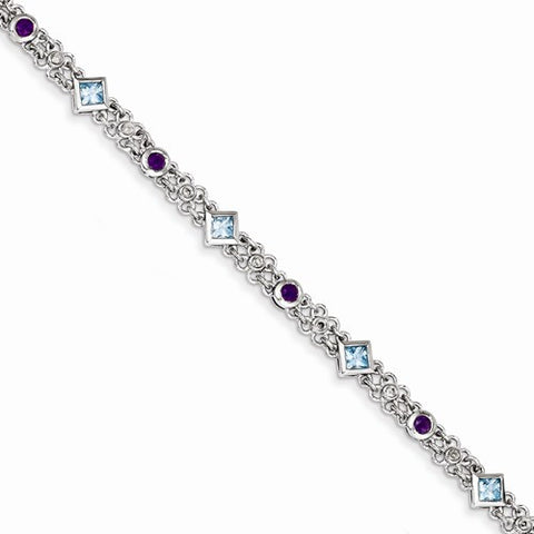 Sterling Silver Amethyst, Blue Topaz & Diamond Bracelet