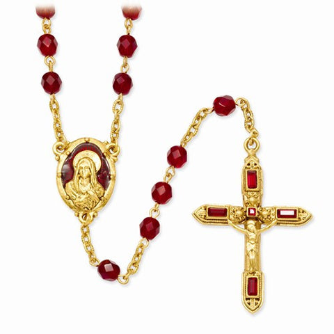 Gold-Tone Red Crystal & Enamel Rosary Necklace