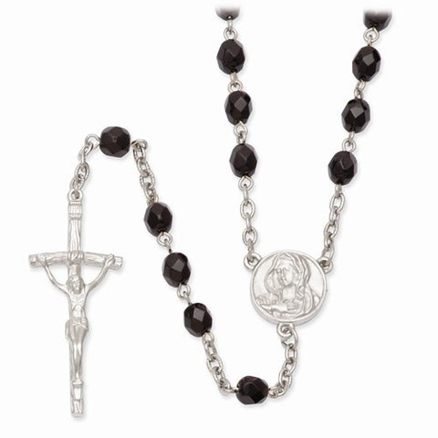 Silver-Tone Black Crystal Crucifix Rosary Necklace