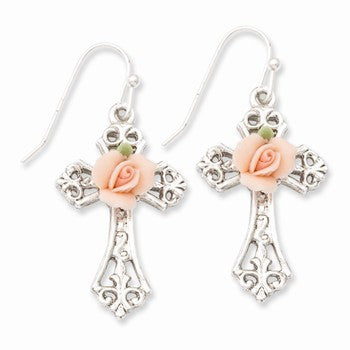 Silver-tone, pink porcelain rose Cross dangle Earrings