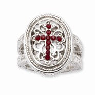 Silver-tone, dark red crystal Cross stretch Ring