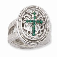 Silver-tone, dark green crystal Cross stretch Ring