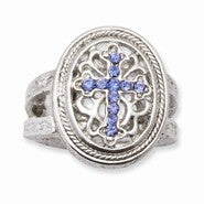 Silver-tone, dark blue crystal Cross stretch Ring