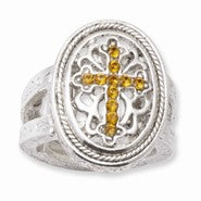 Silver-tone, yellow crystal Cross stretch Ring