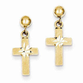 14k Yellow Gold Satin Diamond -Cut Cross Earrings