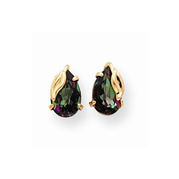 14k Yellow Gold 8x5 Mystic Fire With Leaf Stud Earrings