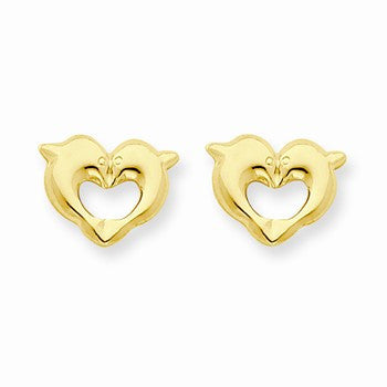 14k Yellow Gold Heart Dolphins Post Earrings
