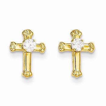 14k Yellow Gold Cross CZ Post Earrings