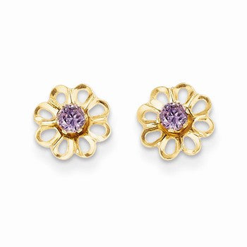 14k Yellow Gold Flower w/Purple CZ Post Earrings