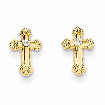 14k Yellow Gold Cross CZ Post Earrings