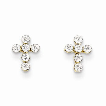 14k Yellow Gold CZ Cross Post Earrings