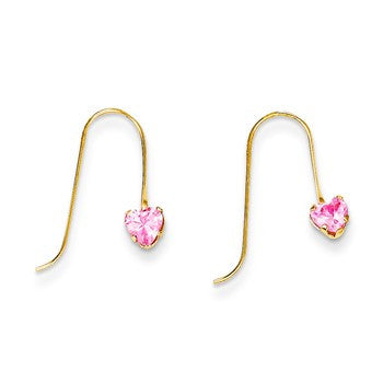 14k Yellow Gold Pink CZ Heart Dangle Earrings