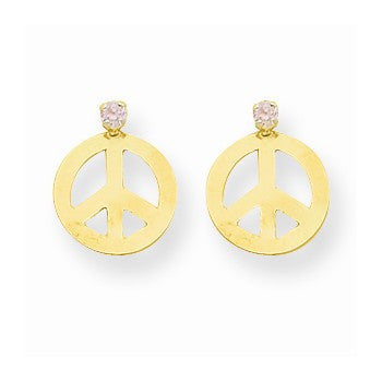 14k Yellow Gold Peace Sign w/Pink CZ Post Earrings