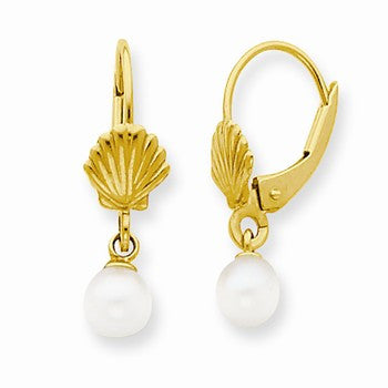14k Yellow Gold Shell w/Freshwater Cultured Pearl Leverback Earrings
