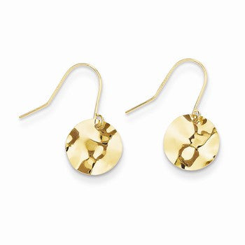 14k Yellow Gold Circle Hammered Dangle Earrings