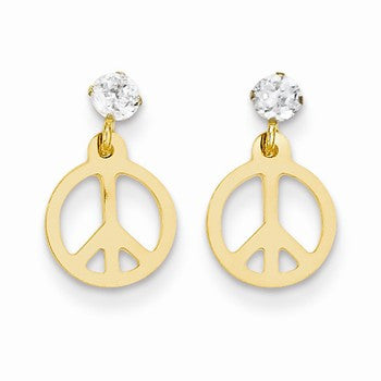 14k Yellow Gold Peace Sign w/CZ Dangle Post Earrings