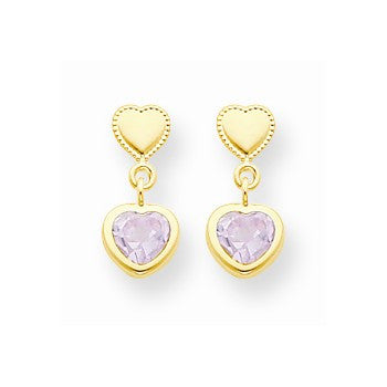 14k Yellow Gold Heart w/Lavender CZ Dangle Post Earrings