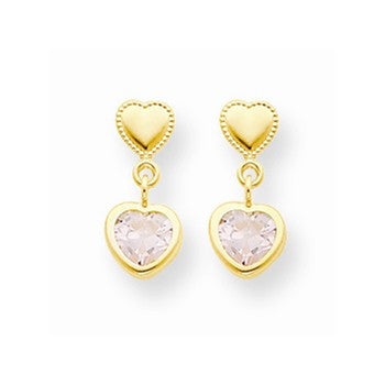 14k Yellow Gold Heart w/Pink CZ Dangle Post Earrings