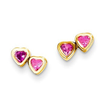 14k Yellow Gold Pink CZ Hearts Post Earrings