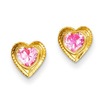 14k Yellow Gold Pink CZ Heart Post Earrings