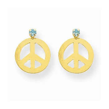 14k Yellow Gold Peace Sign w/Aqua CZ Post Earrings