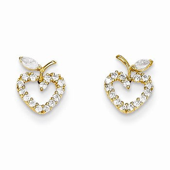 14k Yellow Gold CZ Heart with Leaf Post Earrings