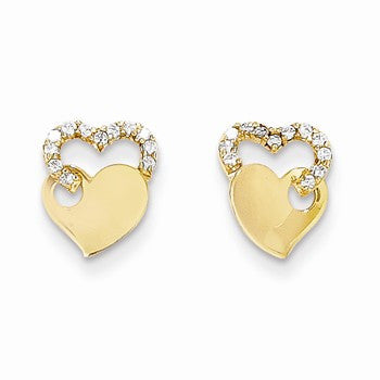 14k Yellow Gold CZ Double Heart Post Earrings