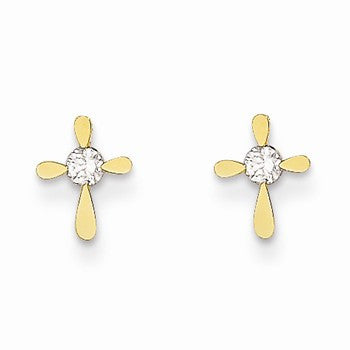 14k Yellow Gold CZ Cross Post Earrings