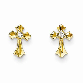 14k Yellow Gold CZ Cross Post Earrings