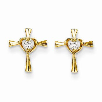 14k Yellow Gold CZ Cross Post Earrings