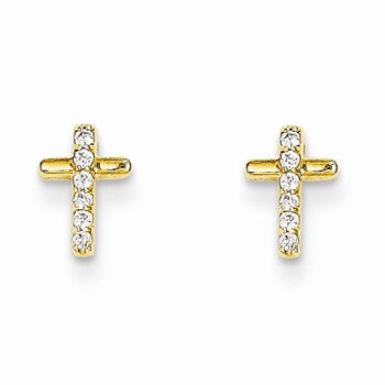 14k Yellow Gold CZ Cross Post Earrings