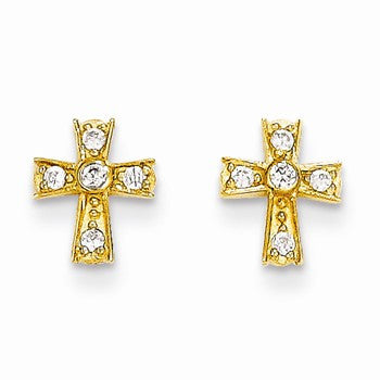 14k Yellow Gold CZ Cross Post Earrings