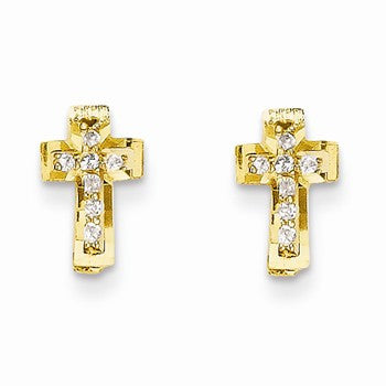 14k Yellow Gold CZ Cross Post Earrings